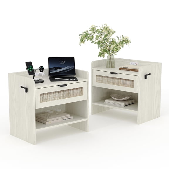 COZONY Rattan Nightstand Set of 2, Modern Boho Wooden Bedside Tables with Drawers for Bedroom, Living Room,White