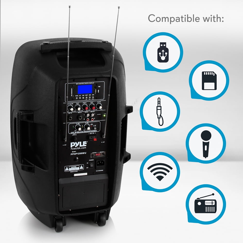 PYLE PPHP1299WU - Portable Hi-Power Bluetooth PA Loudspeaker - Active Powered Speaker System with Built-in Rechargeable Battery, Includes (2) UHF Wireless Microphones, FM Radio (12'' -inch Subwoofer,
