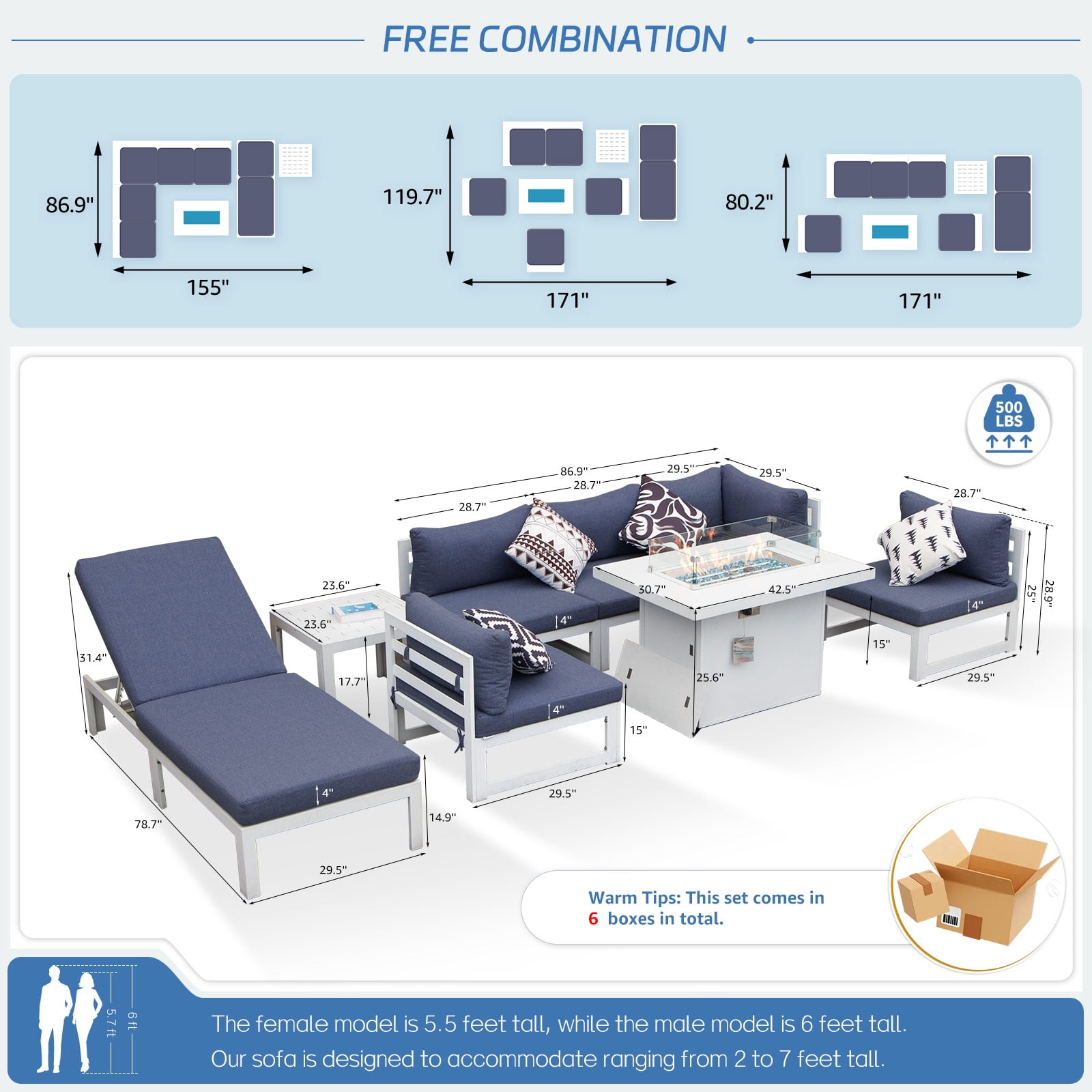 RADIATA 8 Pieces Aluminum Outdoor Patio Sectional Furniture Sofa Set with Fire Pit Table and Chaise Lounge Weather-Resistant for Porch Backyard Thicken Denim Blue Olefin Cushions Luxury