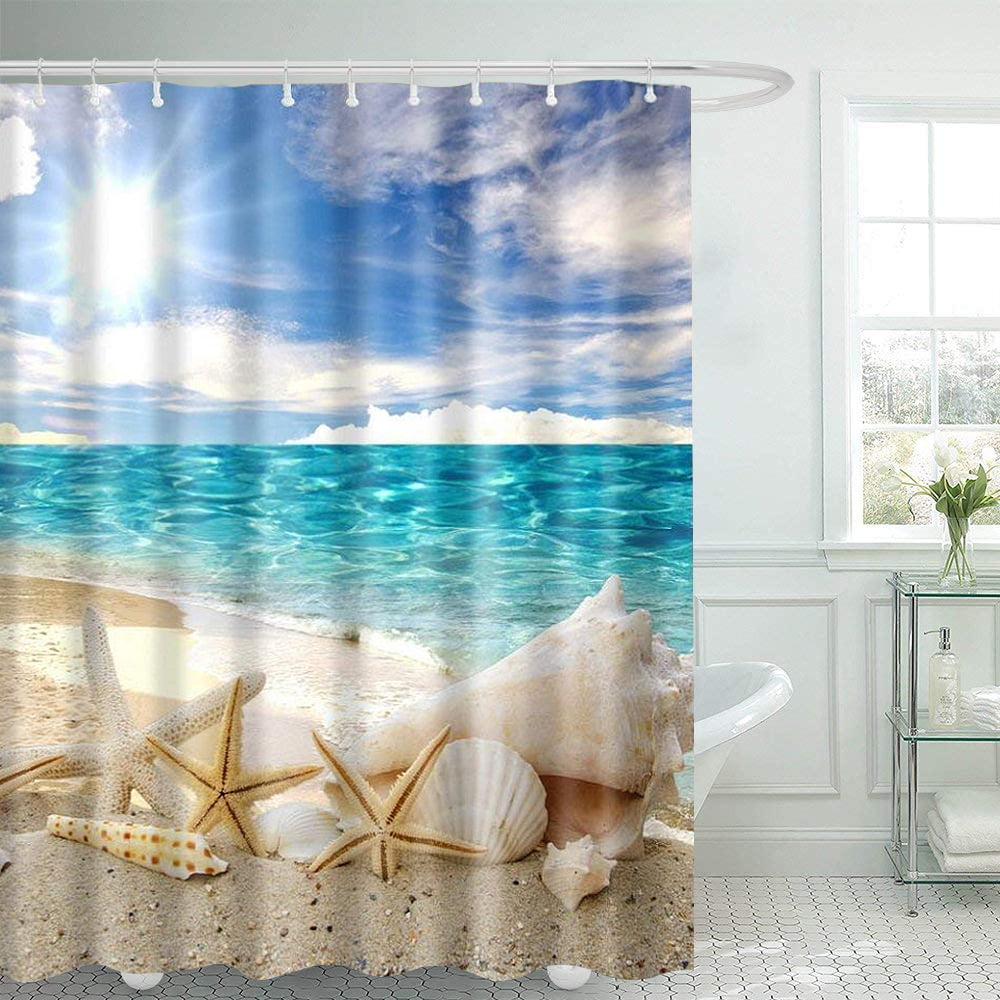 Waterproof Fabric Shower Curtain Bathroom Beach Ocean Seashell Bath with 12Hooks 