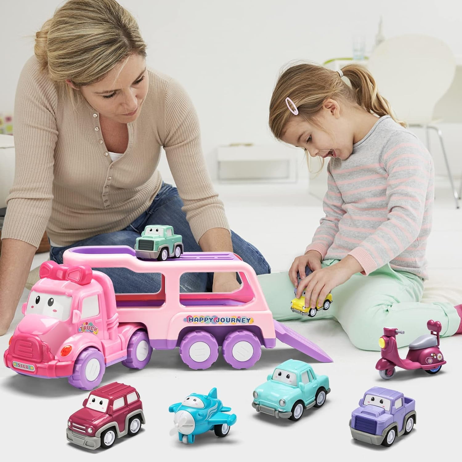 PayUSD Cartoon Vehicle Toy for Toddler Girl 5-in-1 Pink Carrier Truck for Baby Girls Friction Power Transport Car with Light and Sound Toys for 3 Years Little Girl Kid Child Infant Gift Birthday
