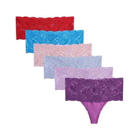 

High Waisted Thong Underwear For Women，Sexy Lace Cotton Tangas Plus Size Panties 6 Pack
