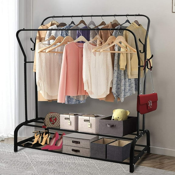 Clothing Garment Rack with Shelves, Metal 2 Rods Clothes Stand Rack Lower Storage Shelf, Heavy Duty Coat Rack and Shoe Bench Storage Stand for Indoor Bedroom
