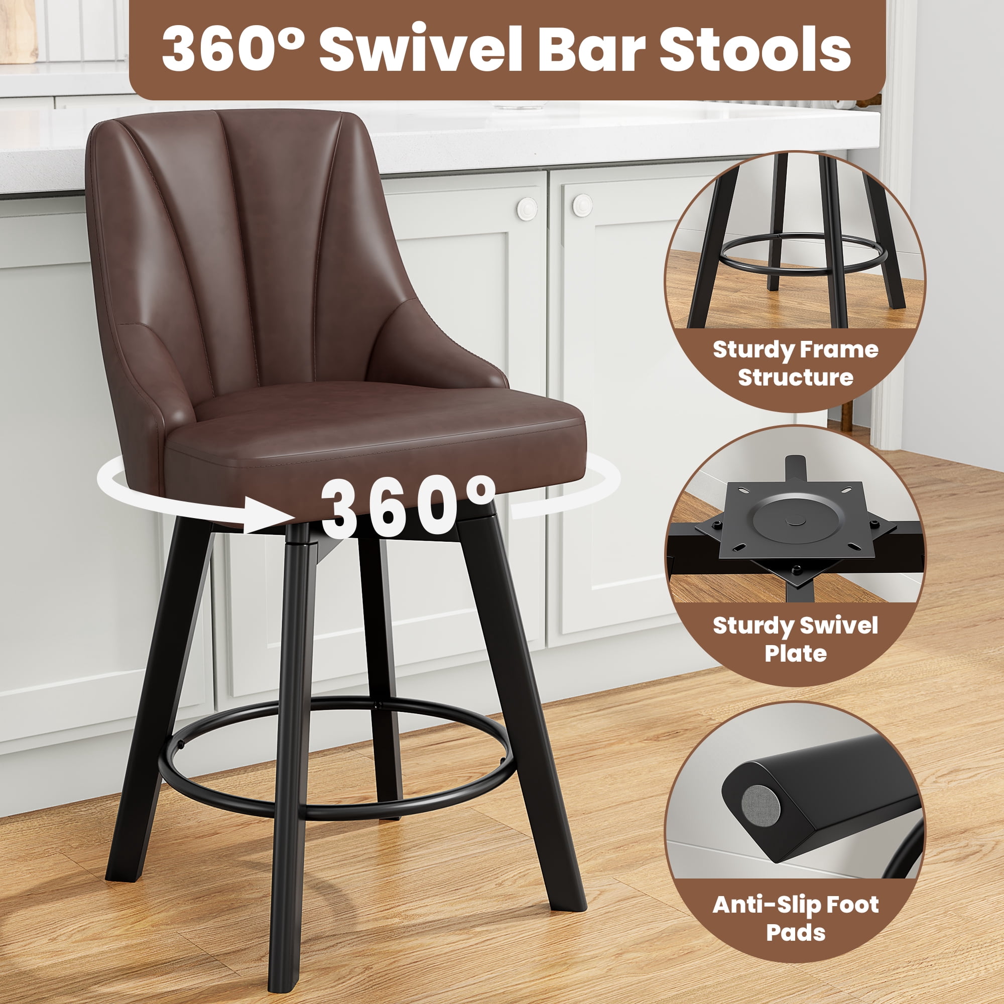 LainTene 24" Counter Height Swivel Bar Stools Set of 6, PU Leather Upholstered Counter Barstools with Solid Wood Legs and Backs for Kitchen Island, Home Bar