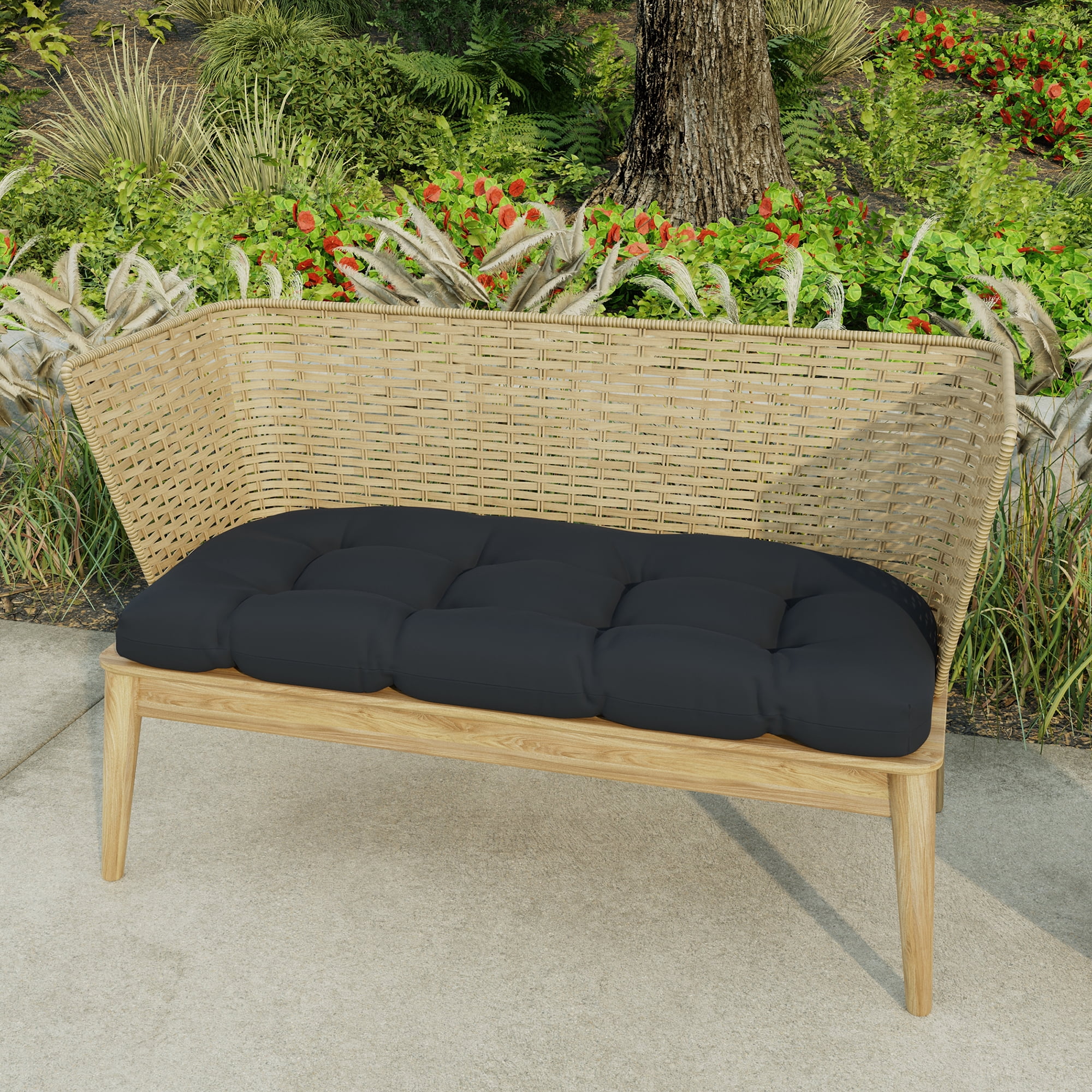 Jordan Manufacturing 44" x 18" Navy Solid Rectangular Tufted Outdoor Wicker Settee Bench Cushion with Rounded Back Corners