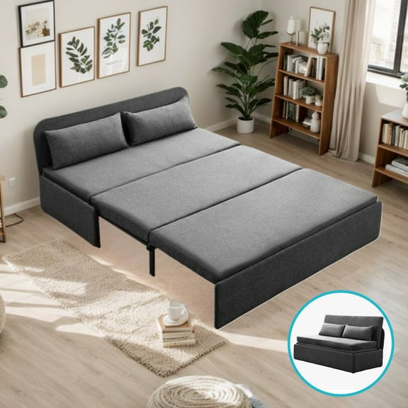 Mjkone Queen Sleeper Sofa Bed,62"Pull Out Bed with Cushions & Throw Pillows for Apartment，Small Space,Upholstered Futon Sofa Bed,Dark Grey