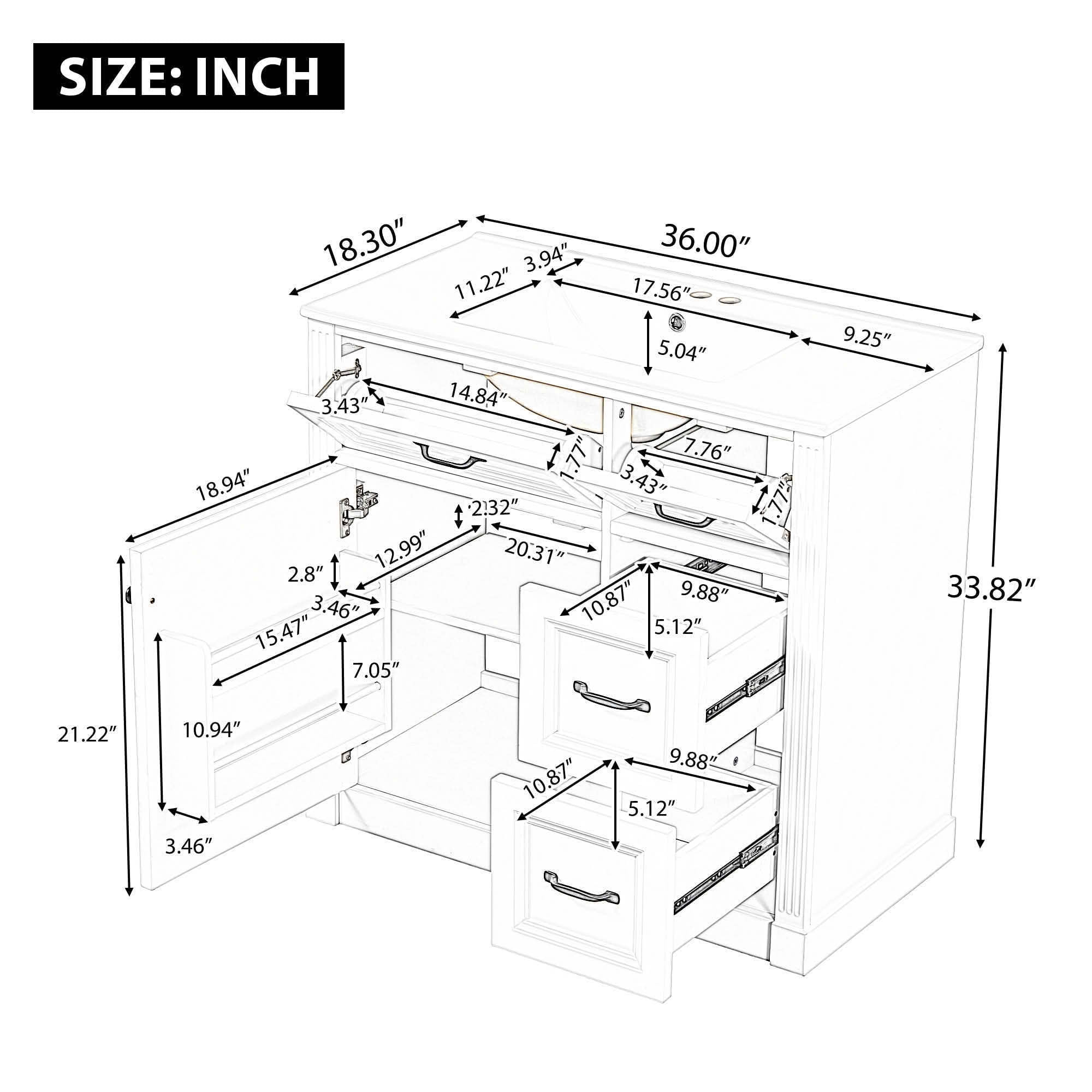 MAYEERTY 36" Bathroom Vanity with Sink 4 Drawers Soft-Close Door Adjustable Shelf Ceramic Basin Black