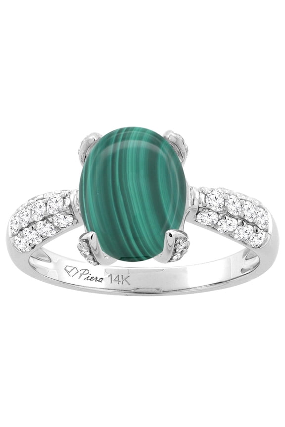 14K White Gold Natural Malachite Engagement Ring Oval 12x10 mm & Diamond Accents, size 7