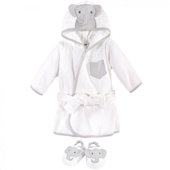 Hudson Baby Infant Cotton Animal Face Bathrobe and Slippers 2pc, Modern Elephant, 0-9 Months