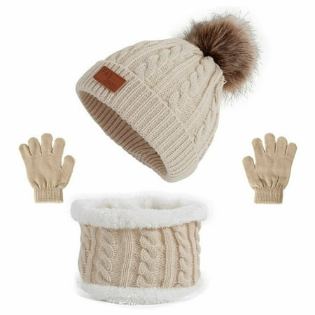 

HESHENG Kids Girls Boys Pom Pom Hat Cap with Scarf Gloves Set Winter Warm Knitted Hat Christmas Gift for 1-5 Years Kids Beige