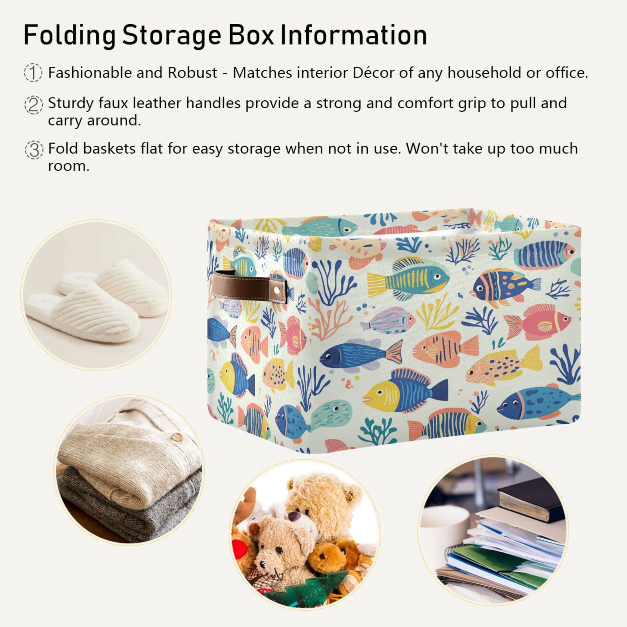 Vibrant Colorful Fish Pattern Foldable Storage Basket,Canvas Fabric Foldable Storage Bins with Handles Open Home Storage Bins Boxes for Toy Book Shelf Closet Baskets