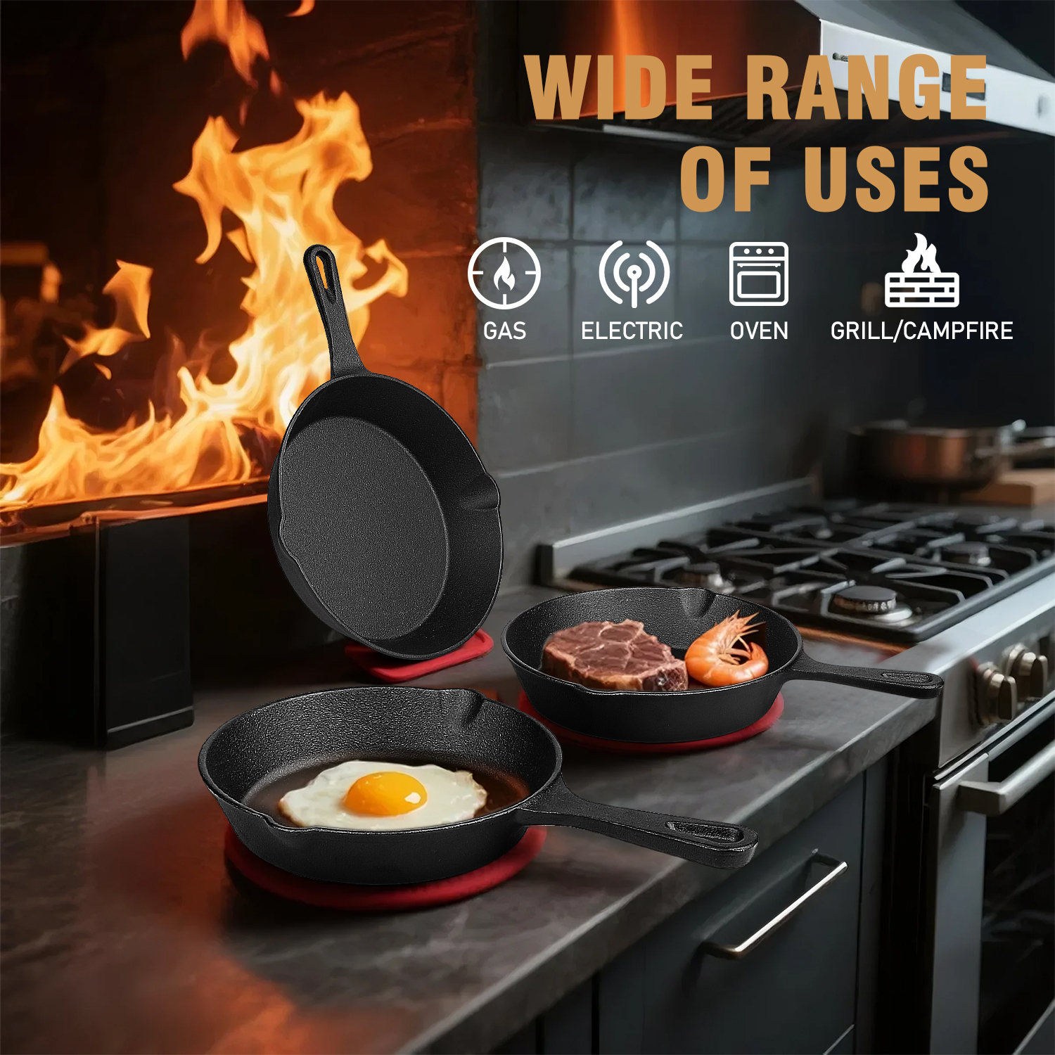 TAIMASI Cast Iron Skillet Set, 3-Piece, Pre-Seasoned, 6" 8" 10" photo 2