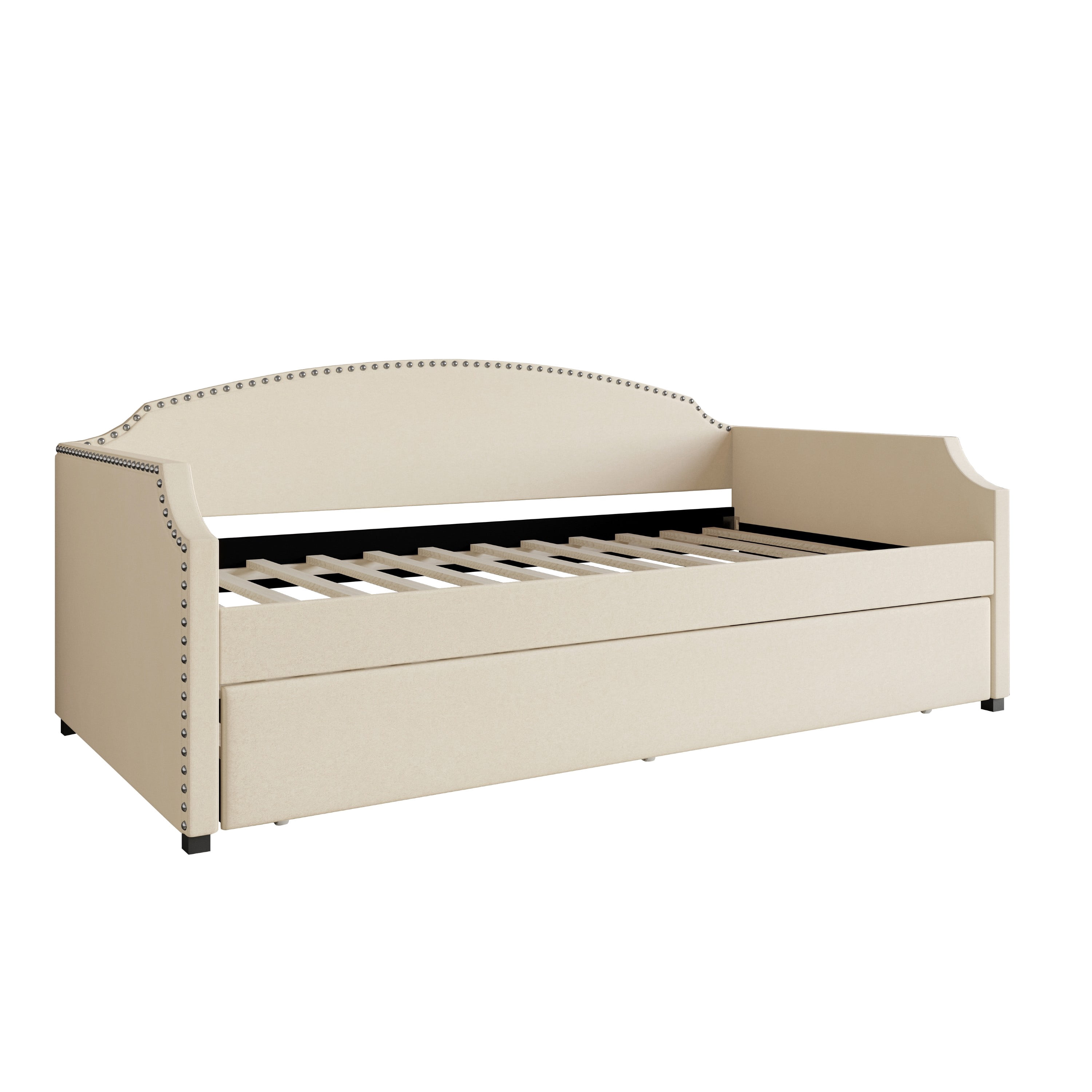 Home Design Kilgore Twin Daybed, Beige Velvet, Scooped Backrest, Chrome Nailhead Trim, Foam Padding, Pull-Out Trundle for Stylish Seating & Sleeping