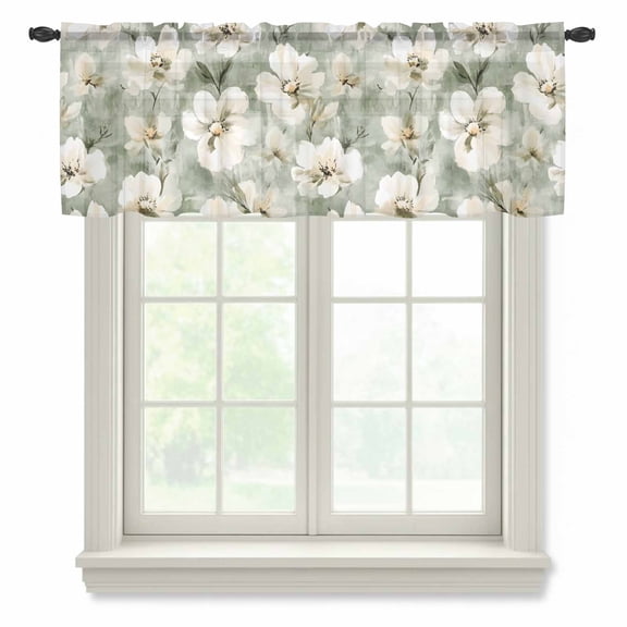 Sage Green Spring Floral Valance Curtains for Kitchen/Living Room/Bathroom/Bedroom Window, Rod Pocket Small Topper Half Short Window Curtains Voile Sheer Scarf, Summer Botanical Flowers 42"x12"