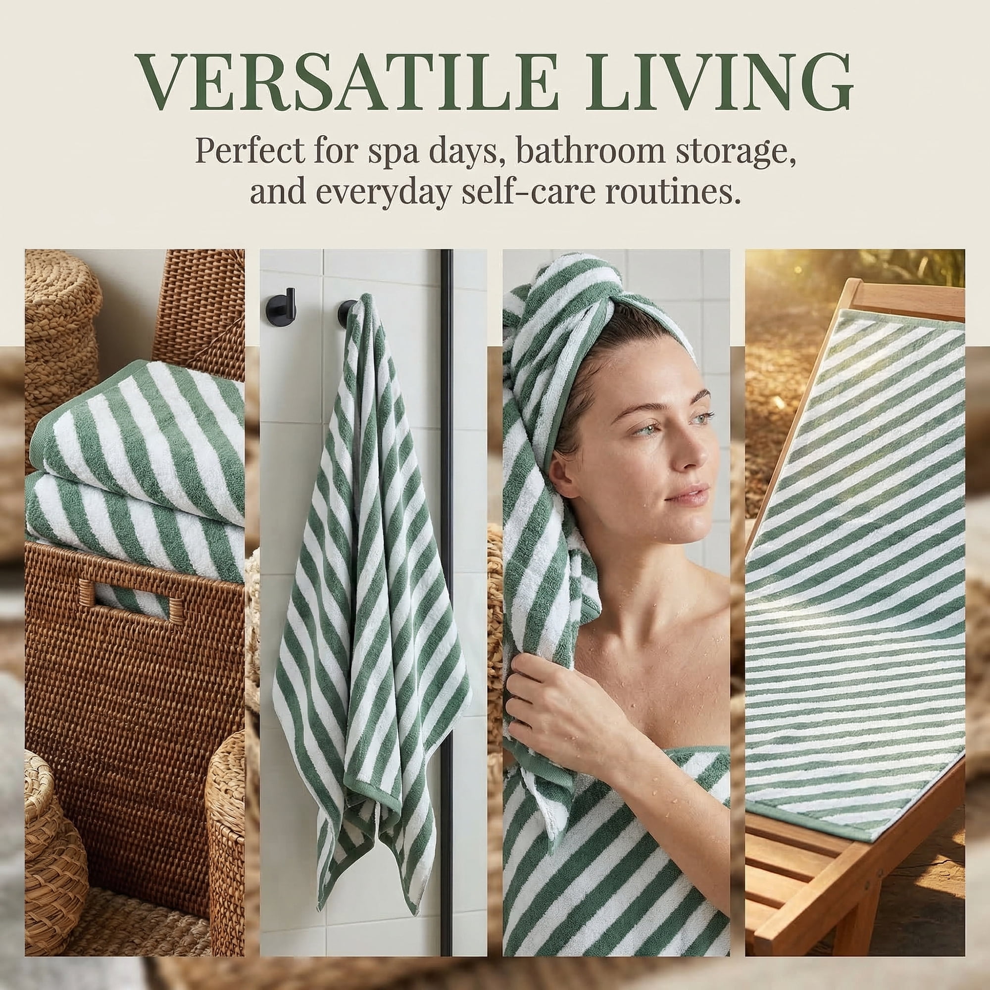 Unique Bargains Striped Absorbent Quick Dry Pure Cotton Bath Towel Green 55" x 28"