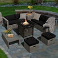 thumbnail image 3 of Patiojoy 9 Pieces Outdoor Patio Furniture Set with 32-Inch Propane Fire Pit Table Outdoor PE Wicker Space-Saving Sectional Sofa Set with Storage Box and Cushions Black, 3 of 9