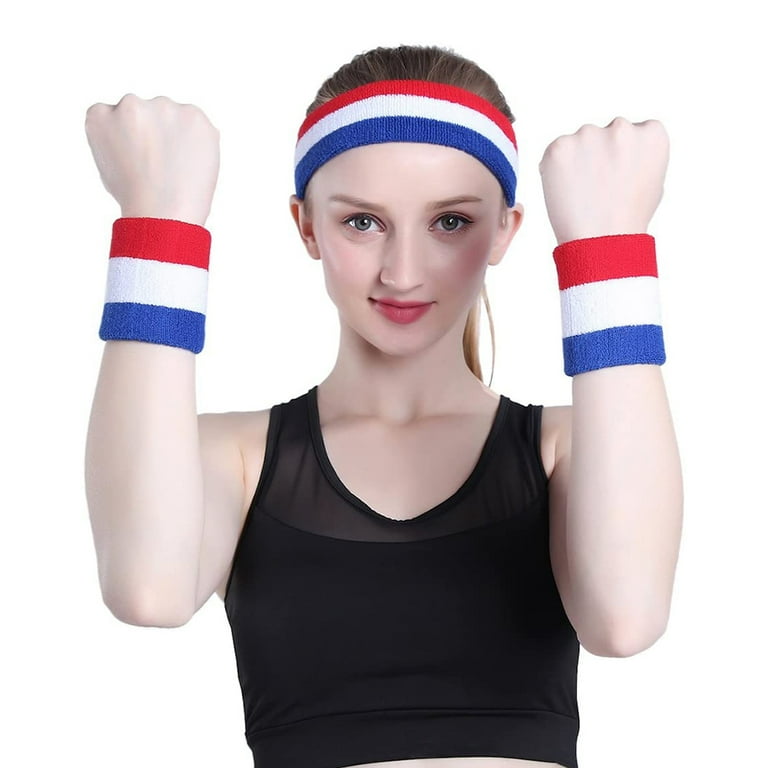 Sweatband Set Sports Headband Wristband Set Sweatbands Terry Cloth  Wristband Wrist Sweatband Headbands Moisture Wicking Sweat Absorbing Head  Band-Red white blue 