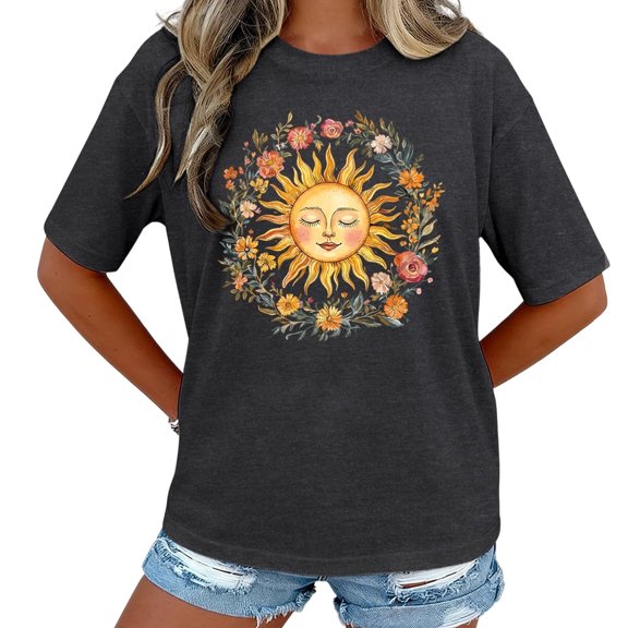 Women's T Shirts Stylish Print Short Sleeve Crew Neck Tee Everyday Wear Womens Tees L