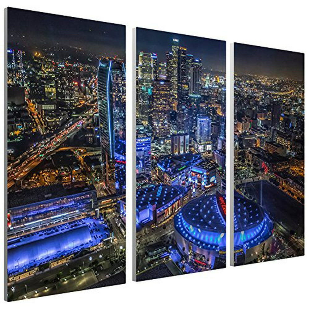 "Los Angeles Downtown at Night Skyline" Gallery Wrapped Canvas Triptych
