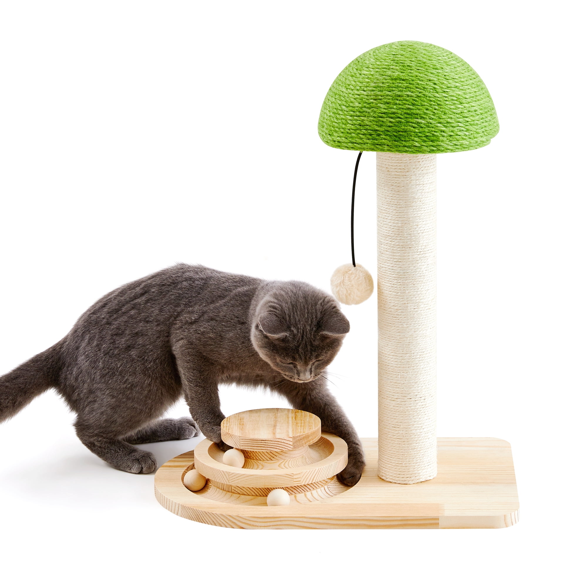 Made4Pets Cat Scratching Post Wood Scratch with Interactive Track Ball Toy, Sisal Ropes and Dangling Cat Toy 20", Green