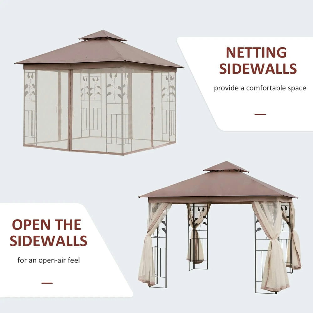 GVN Patio Garden Pergola, Pergola Canopy,10' x 10' Double Roof Outdoor Gazebo Canopy Shelter with Tree Motifs Corner Frame and Netting, Brown