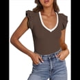 thumbnail image 3 of Camiseta de Verano para Mujer, con Cuello en V, Volantes, Sin Mangas, Corte Entallado, Color Café, Talla L, 3 of 7