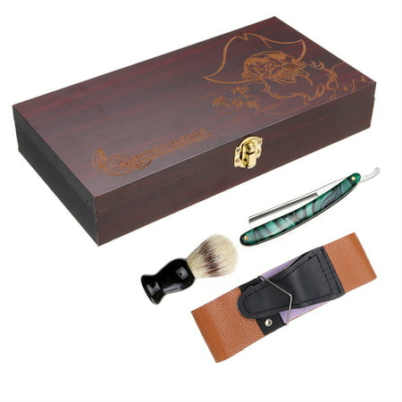 4 Pieces Men's Cut Throat Straight Edge Razor + Leather Strop+ Badger Shaving Brush+ Straight Razo r + Wood Case Gift