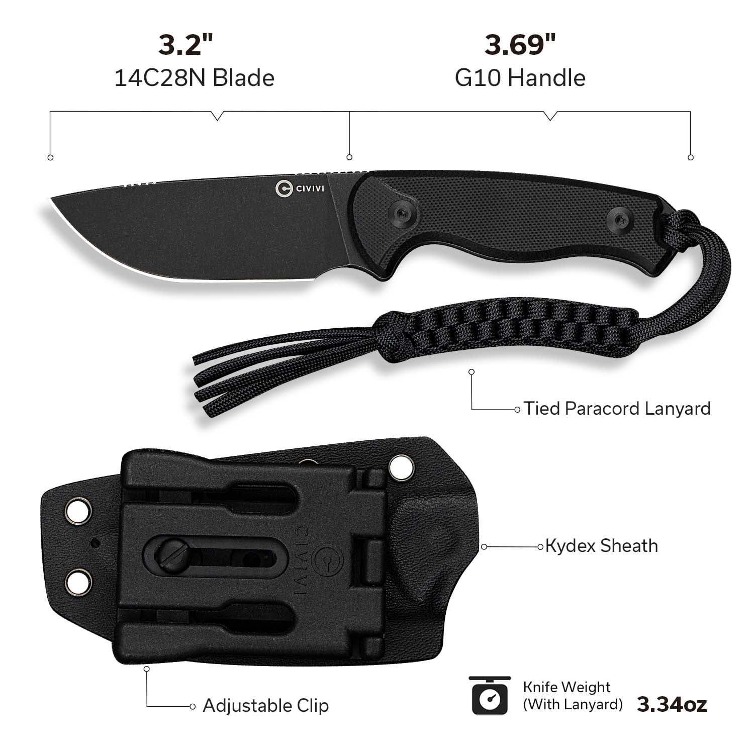 CIVIVI Timberbark Fixed Blade Knife with Kydex Sheath & Clip, 3.2" 14C28N Blade G10 Handle with Lanyard, Ideal EDC Hunting Knife for Outdoor Adventures Camping Hiking C23094-1, Black
