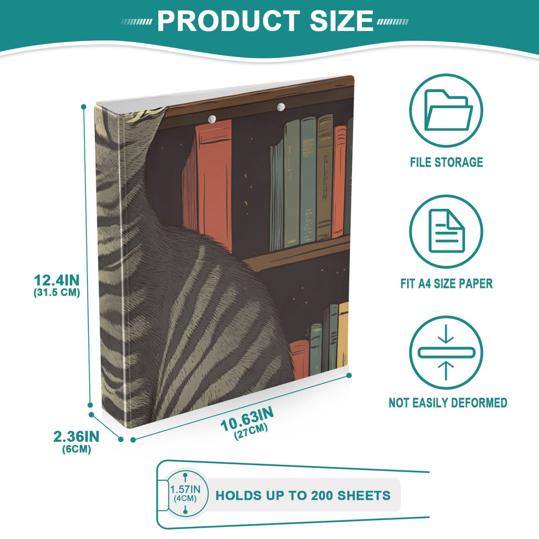 Cat Bookshelf 3 Ring Binders 1.5 inch Hardcover File Folders with Interior Pockets A4 Size Organizer for School Office Hospital