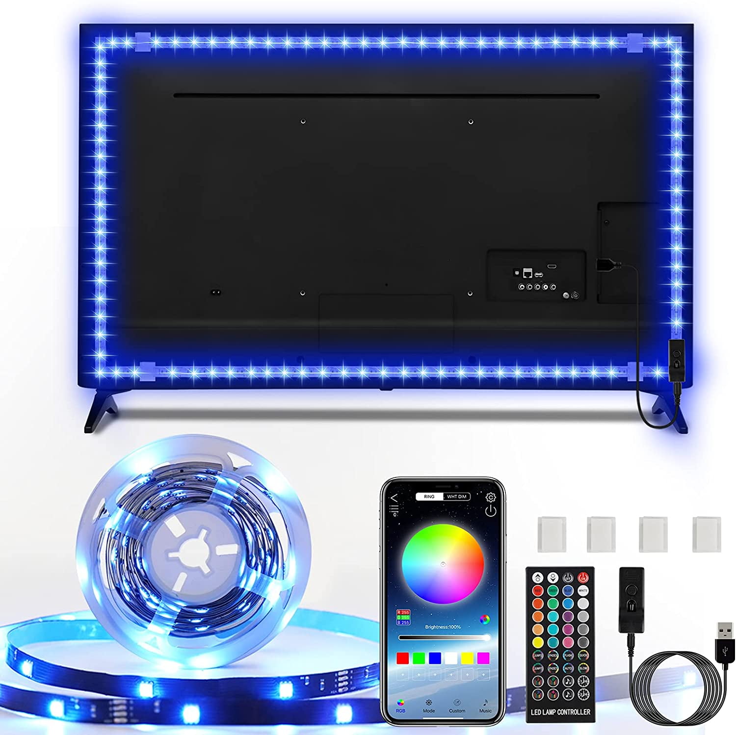 Enteenly LED Strip Lights, TV LED Lights for 60-75 inch, 16.8FT DIY Timing RGB LED with APP Control, Music Sync, USB TV LED Backlight with Remote for TV, PC,