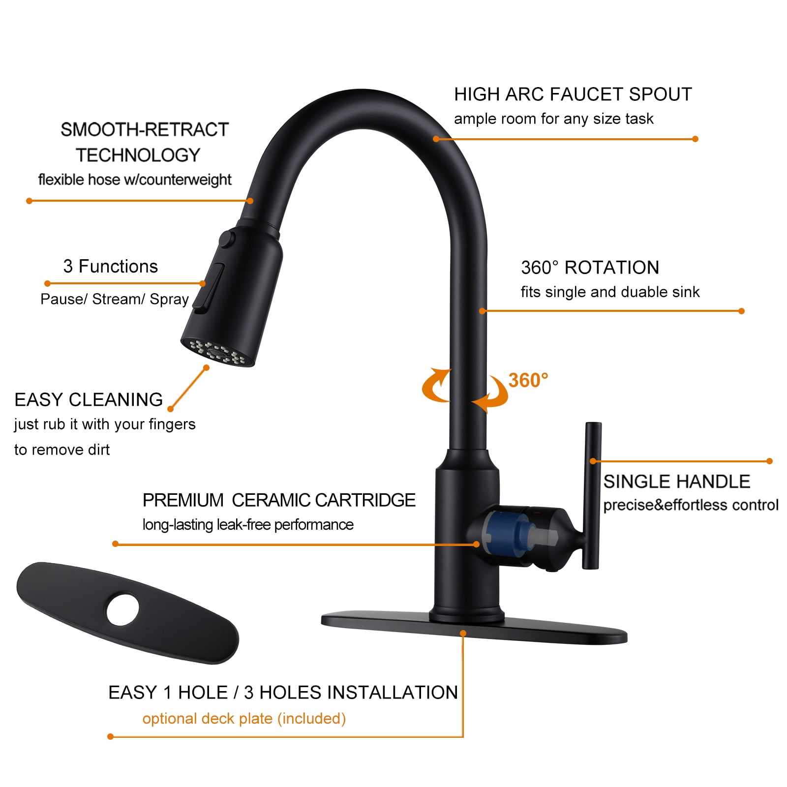 Wowow Single Handle Kitchen Sink Faucet Matte Black Kitchen Faucet with Pull Down Sprayer