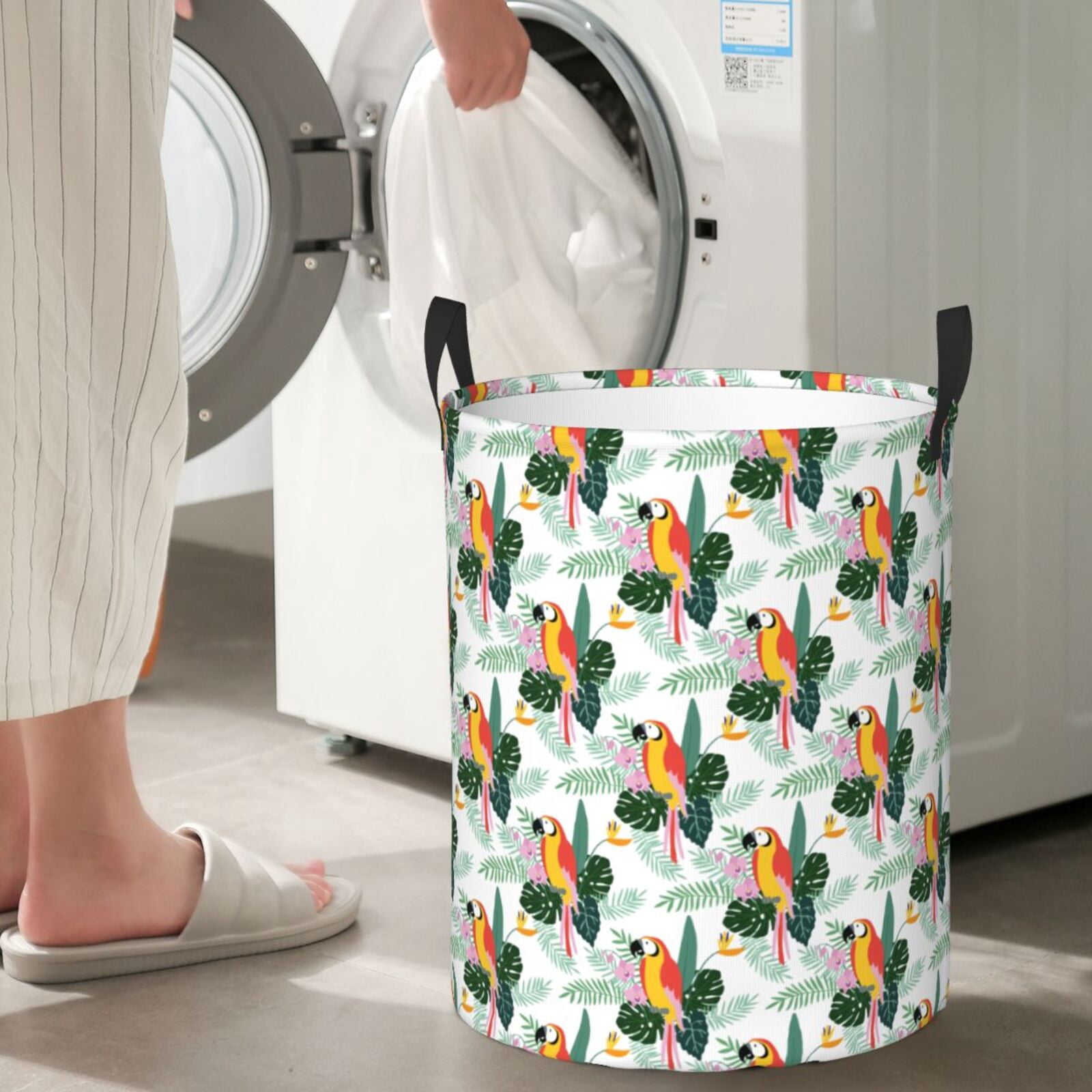 Large Laundry Basket with Handles - Colorful Parrot Flower Palm Leaf Kids Baby Dirty Clothes Laundry Hamper for Bedroom Aesthetic