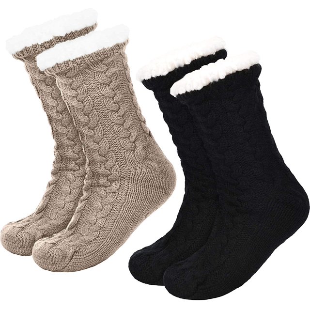 2 pares de calcetines cálidos de pantuflas para mujer, calcetines peludos de Navidad, calcetines antideslizantes con forro polar esquí esquí Gafas de esquí