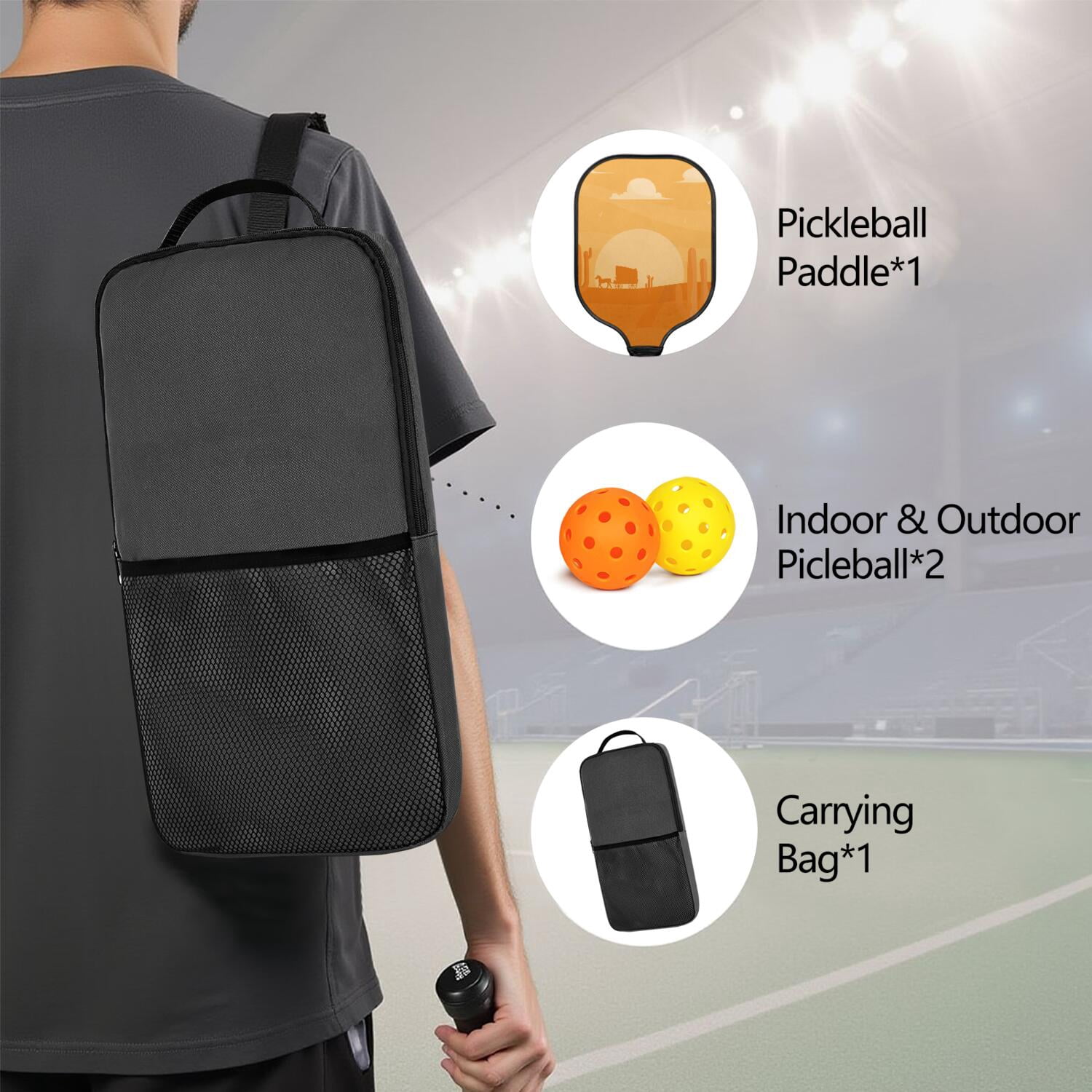 Pickleball Paddles Set Of 1, Fiberglass Surface, West & Cowboy Print, 1 Paddle, 2 Balls & Bag