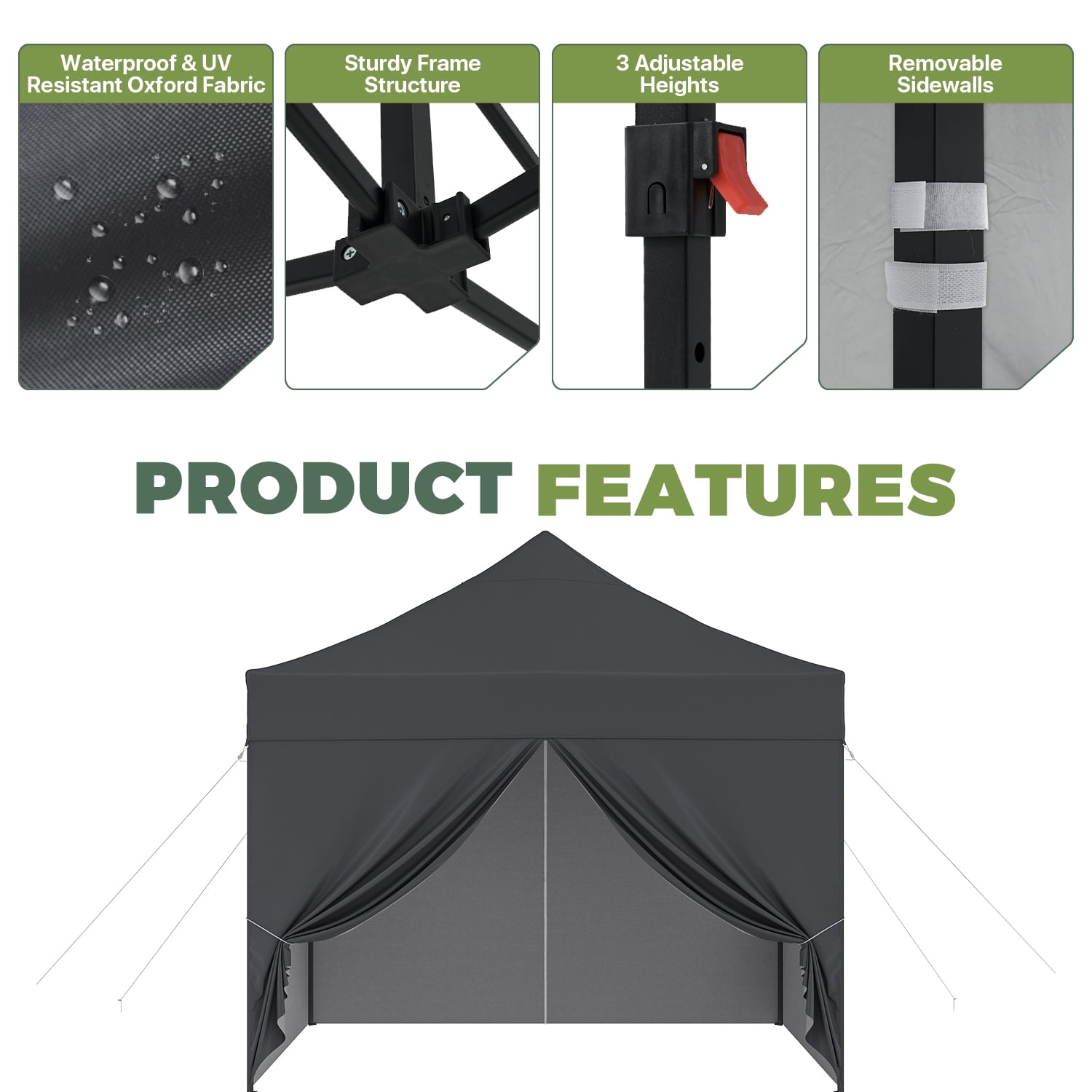 BaPiPro 10'x10' Pop Up Canopy Tent with 4 Removable Sidewalls, Adjustable Height Instant Outdoor Canopy, Portable Sun Shade Shelter with 4 Sandbags, Easy Setup for Parties, Camping, Events, Gray