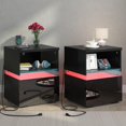 thumbnail image 3 of ANPOO LED Nightstand Set of 2 with Charging Station & Power Outlets , Black Nightstand with Drawer & Open Storage, Modern High Gloss End Table Set of 2 for Bedroom Living Room(Black), 3 of 8