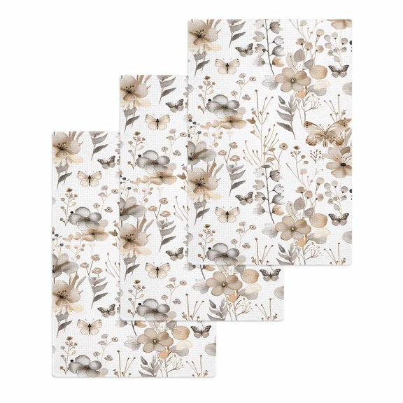 Brown Grey Floral Spring Kitchen Dish Towels for Drying Dishes Set of 3, Watercolor Botanical Butterfly Waffle Weave Microfiber Hand Tea Bathroom Towels Quick Dry & Absorbent Towel 15.7x23.6
