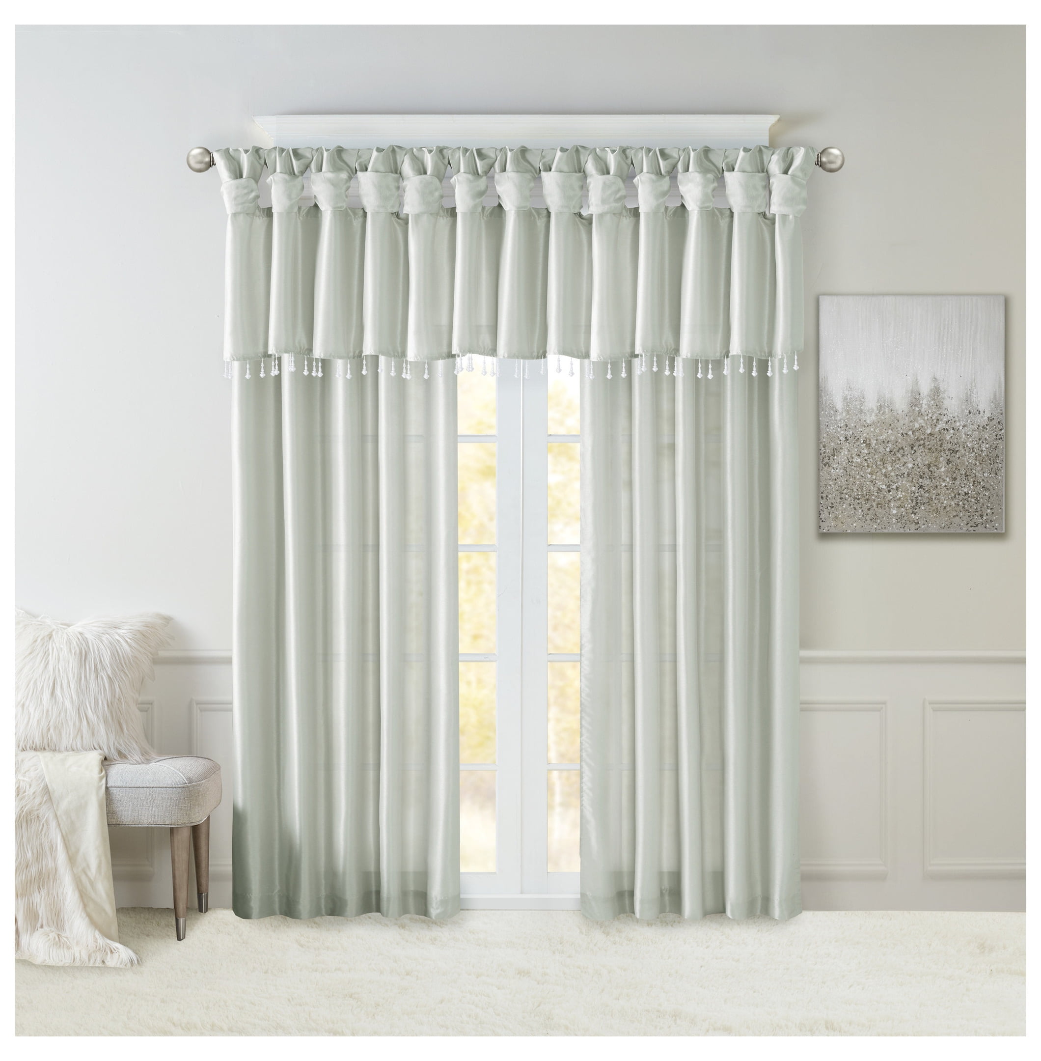 Lightweight Faux Silk Valance With Beads Dusty Aqua 50x26"