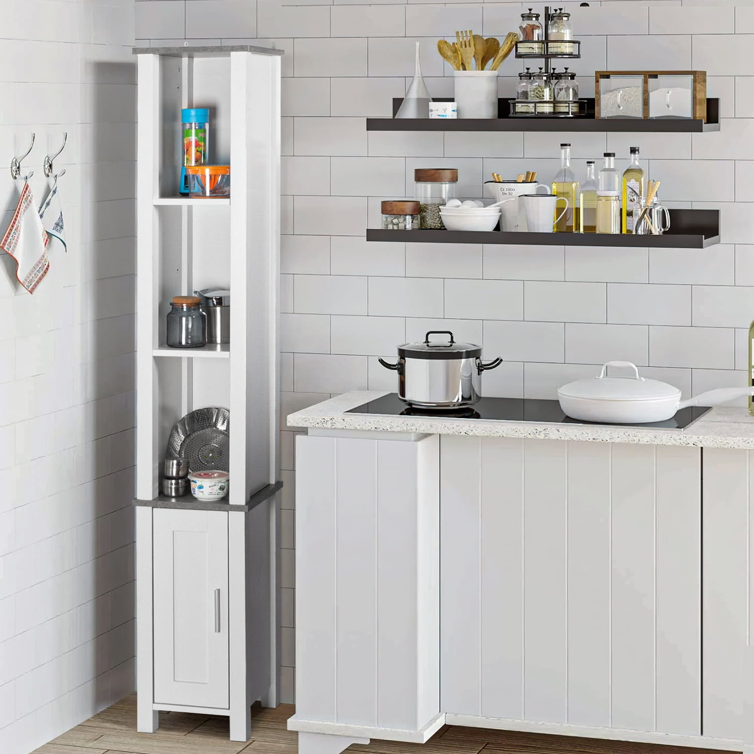 Kadyn White Bathroom Cabinet Linen Tower, Narrow Tall Cabinet Storage Tower with 3 Open Shelves and 1 Door, Free Standing Small Bathroom Storage Cabinet Kadyn White Bathroom Cabinet Linen Tower, Narrow Tall Cabinet Storage Tower with 3 Open Shelves and 1 Door, Free Standing Small Bathroom Storage Cabinet