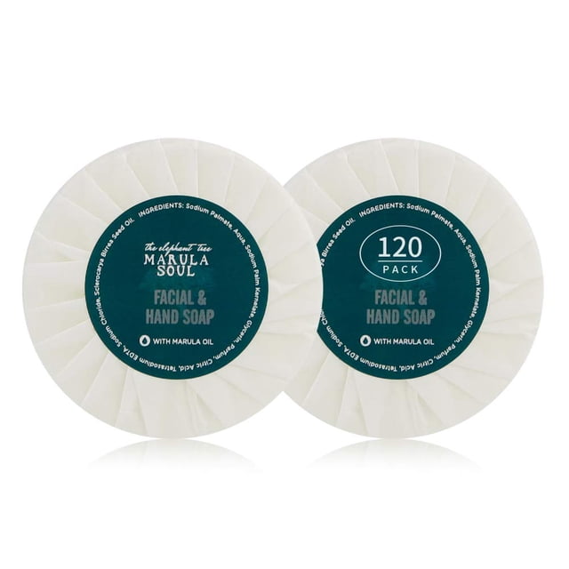 Barra de jabón redonda OPPEAL Marula Oil Hotel Toiletries - 0,5 oz tamaño de viaje a granel - Envuelto individualmente - Aroma ámbar gris - 120 barras por caja.