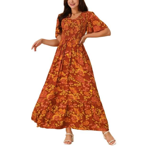 Vestido Maxi de Mujer Inspire Chic con Escote en V, Mangas de Volante, Capa de Volantes, Casual, Largo, Rojo Ladrillo, XL