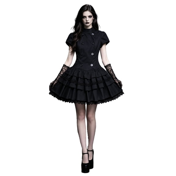 LIIPEE Womens Halloween Gothic Dark Elegant Short Sleeve High Neck Lace Ruffle Dress,S-L