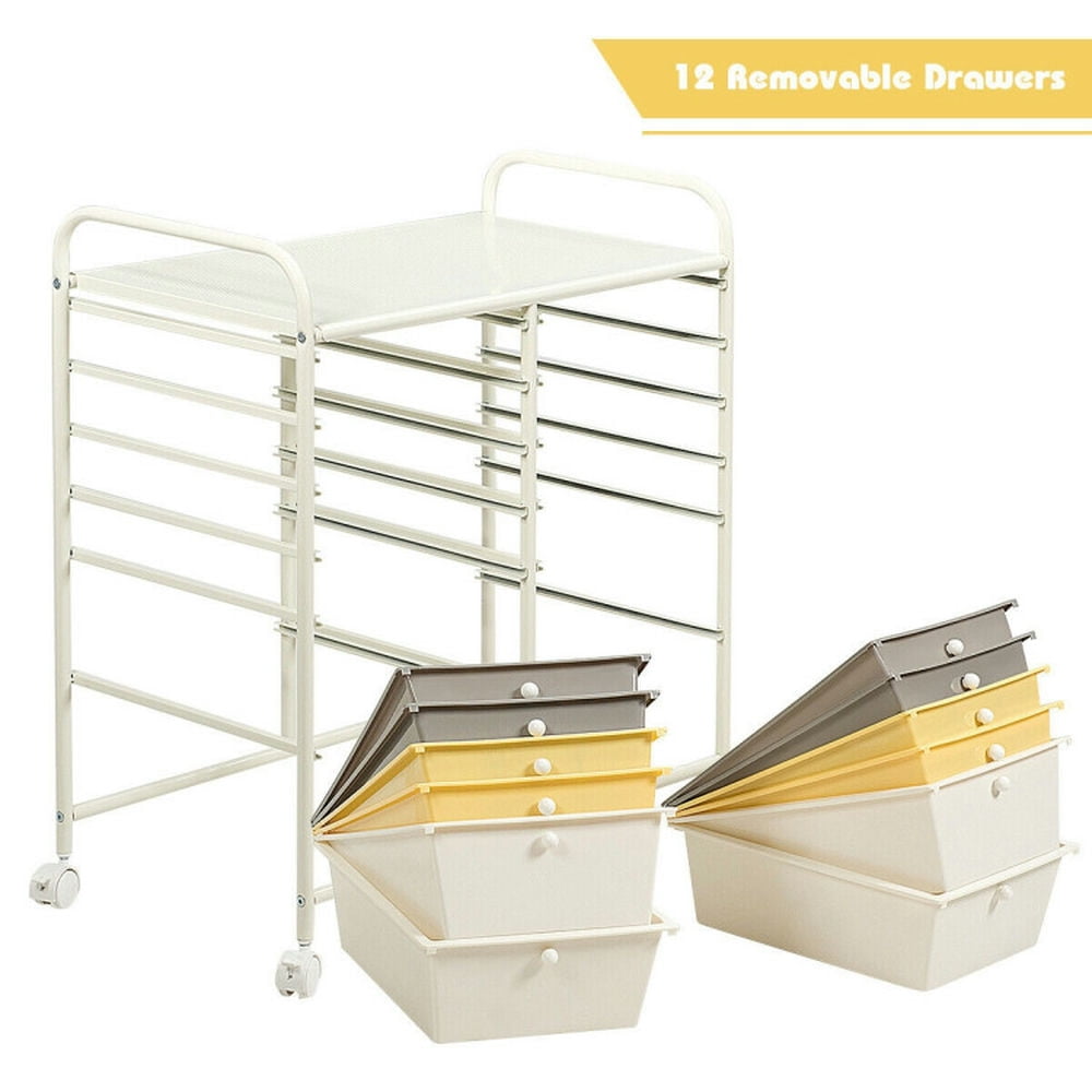 Demi Bonn 12 Drawers Rolling Cart Storage Scrapbook Paper Organizer Bins with 4 Universal Casters, Yellow & Beige & Gray