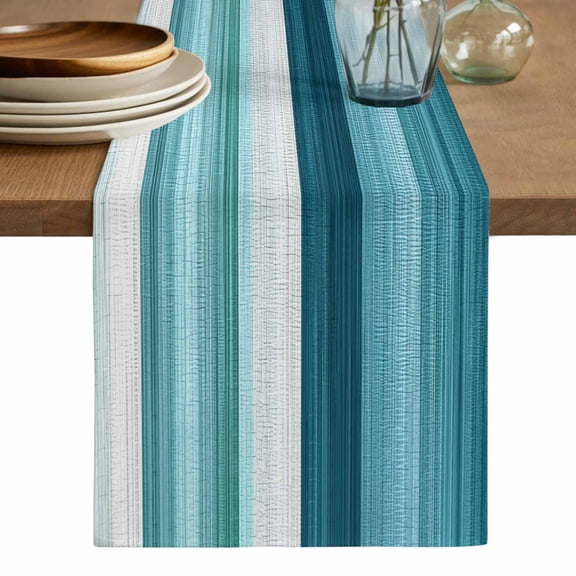 Teal Blue Green Table Runner, Modern Ombre Minimalism Abstract Stripes Washable Cotton Linen Table Runners 72 Inches Long, Dresser Scarf Runner for Dining/Coffee/Kitchen/TV Stands/Cabinets 13''x72''