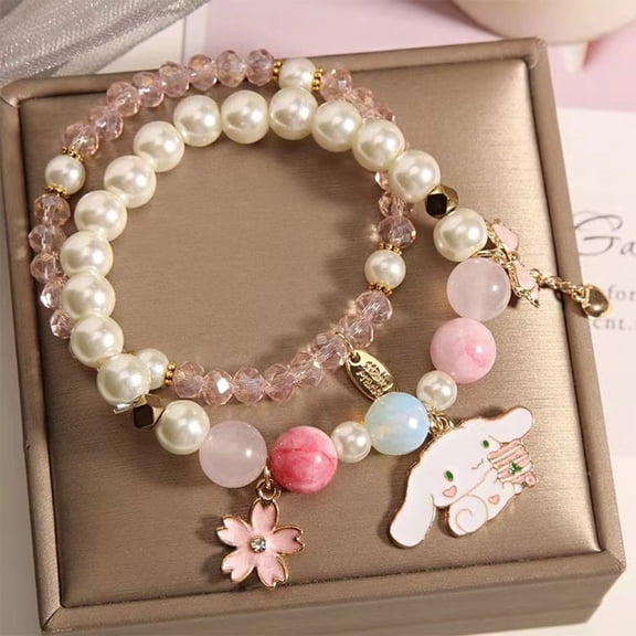 NEW Cute Girls Gift Pink Cinnamoroll Bracelet Flower Bow Crystal Beaded Enamel Charms