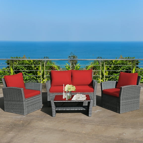 Costway 4PCS Patio Rattan Furniture Set Sofa Table W/Storage Shelf Red Cushion