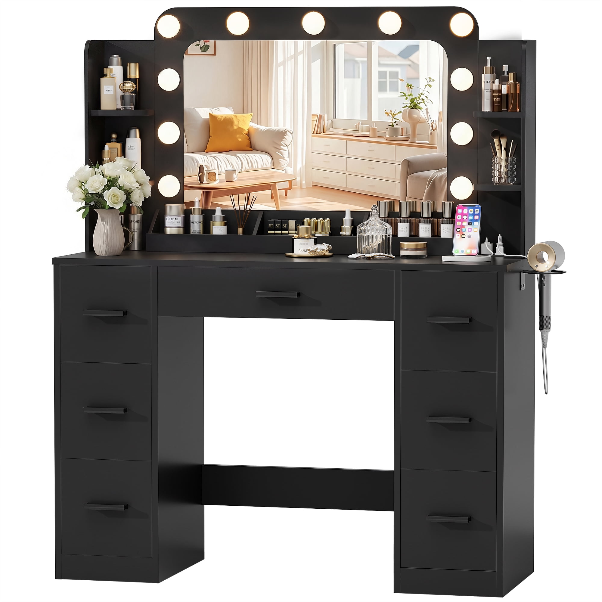 Homall Vanity Desk with Lights & Mirror, Makeup Vanity Set with Power Outlet & Storage Drawers Shelves for Bedroom, Black