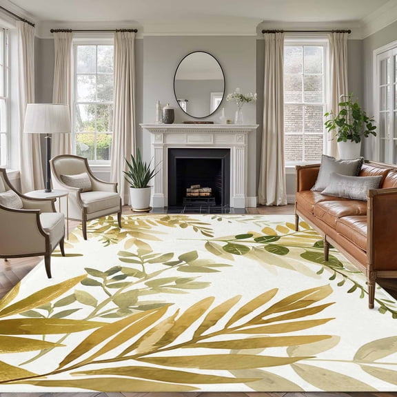 Brown Green Leaves Area Rugs 6'x9', Small Throw Rugs for Kitchen Dining room, Summer Botanical Farmhouse Watercolor Leaf Indoor Outdoor Rug Non-Slip Low Pile Carpet Runner Reversible Floor Mats