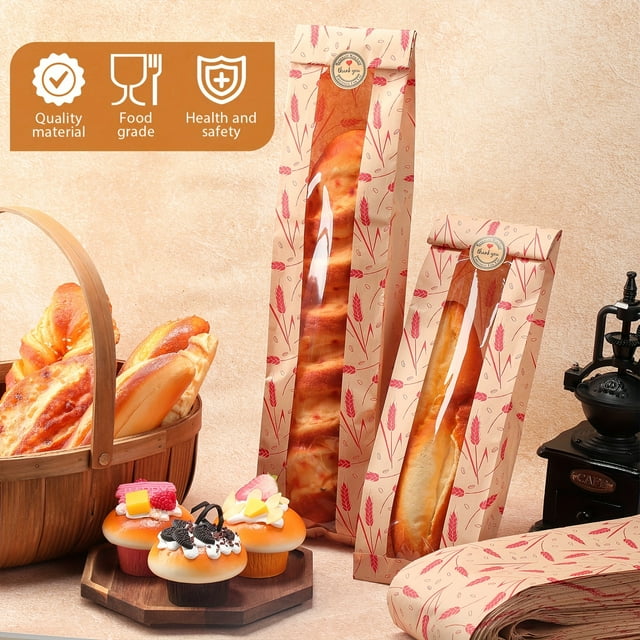 HLONK 120 Pack Paper Bread Bags With Window For Homemade Bread Long French Bread Bags Wheat Pattern Kraft Loaf Storage Sacks Bakery Storage Bag With Stickers 24 X 4.5 X 2 Inch (Brown Re