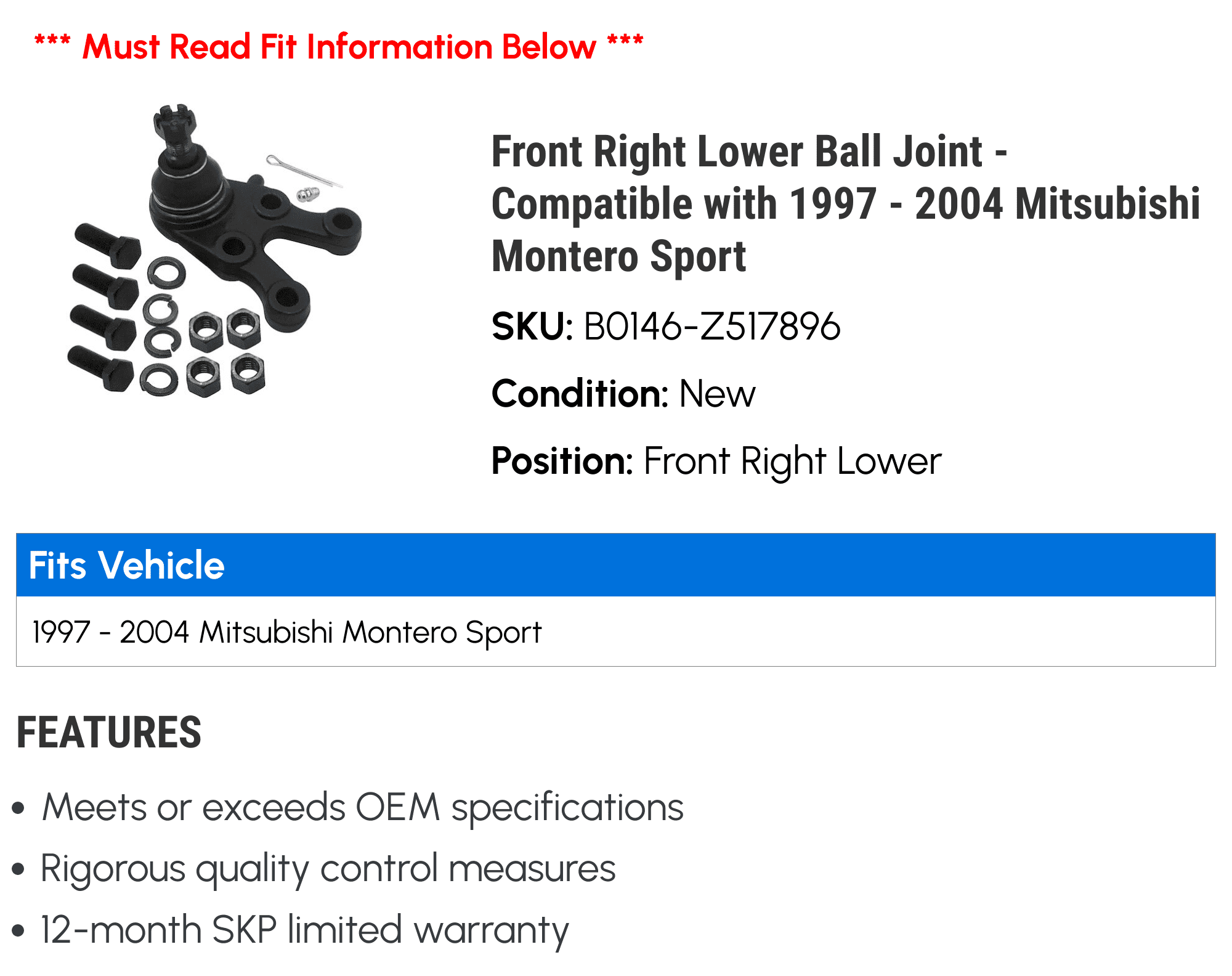 Front Right Lower Ball Joint - Compatible with 1997 - 2004 Mitsubishi Montero Sport 1998 1999 2000 2001 2002 2003